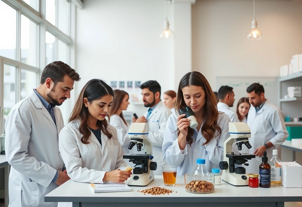 A diverse group of people collaborating in a modern, clean laboratory setting, examining natural ingredients and discussing research, symbolizing innovation and quality.