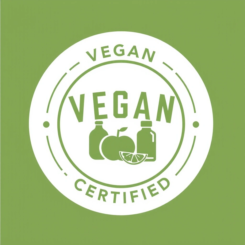 Vegan certification logo, green and white, showing plant-based products.