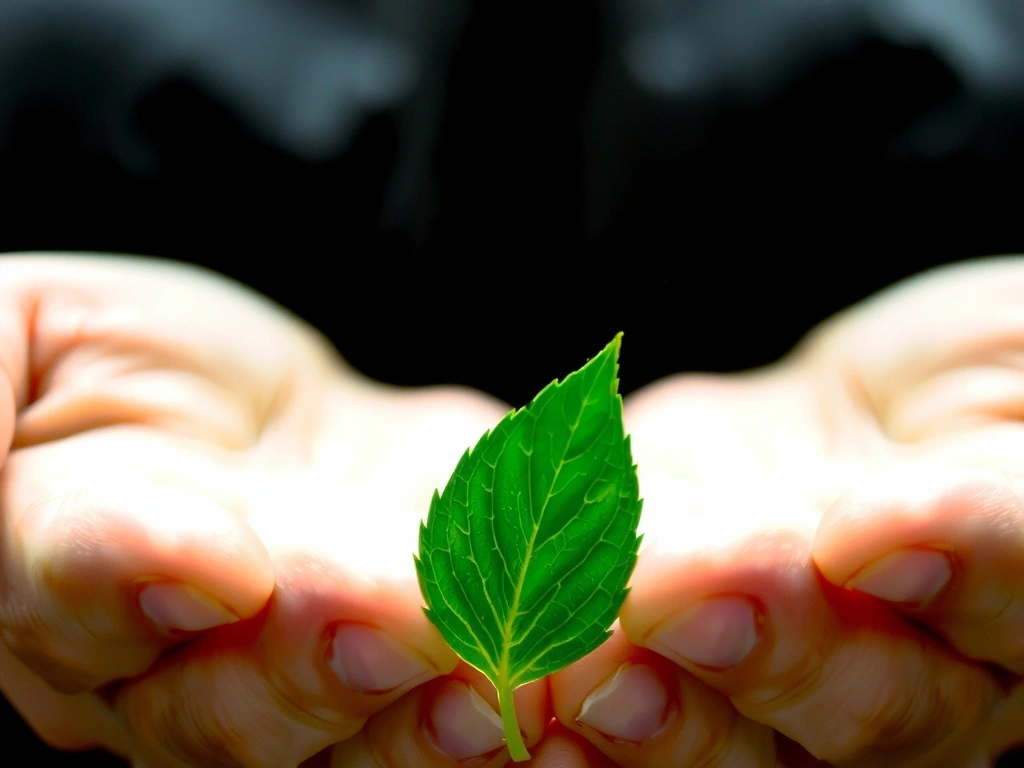 Hand holding a fresh green leaf, symbolizing natural ingredients