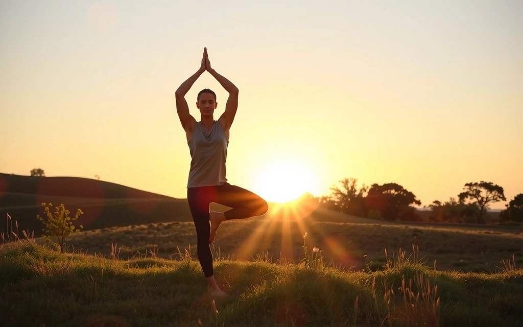 A person performing gentle yoga stretches at sunrise, symbolizing active living and holistic well-being.