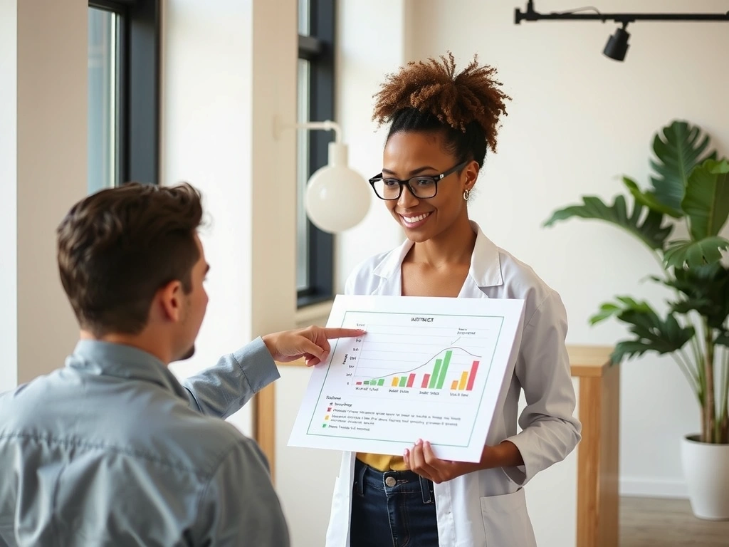 A nutritionist consulting with a client, pointing to a chart about healthy eating, in a bright, professional setting.