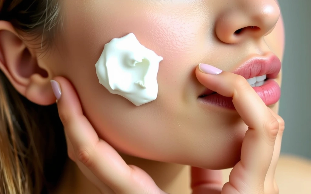 Close-up of a hand applying a natural cream to the face, emphasizing radiant skin and organic beauty products.
